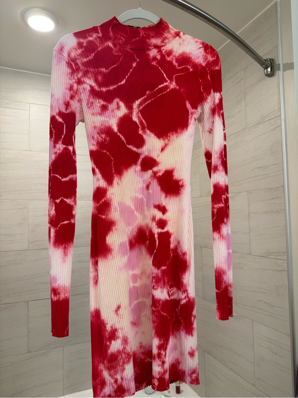 Cotton Citizen Red & Pink Tie-Dye Ribbed Long Sleeve Midi Dress
